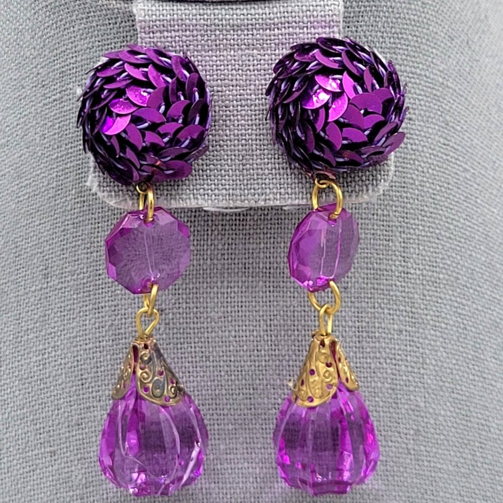 Purple Sequin Teardrop Bead Post Dangle Earrings Gold Tone Length 3 in